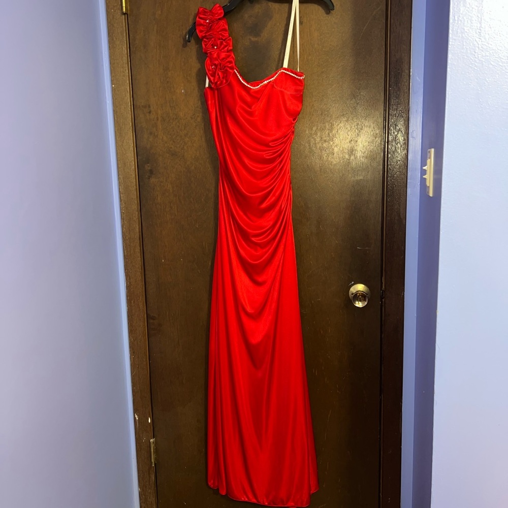 Masquerade Red Asymmetrical Ruched Gown